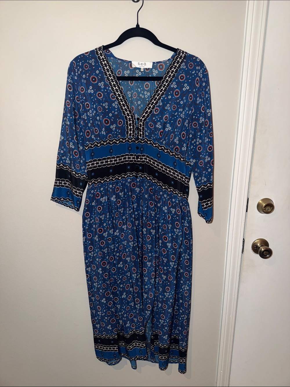 Sea New York Blue Floral Boho V-Neck Dress